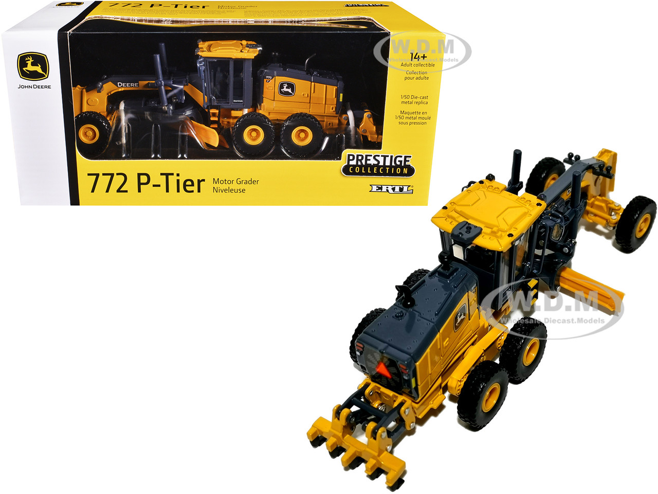 John Deere 772 P-Tier Motor Grader Yellow and Gray "Prestige Collection" 1/50 Diecast Model by ERTL TOMY diecast model