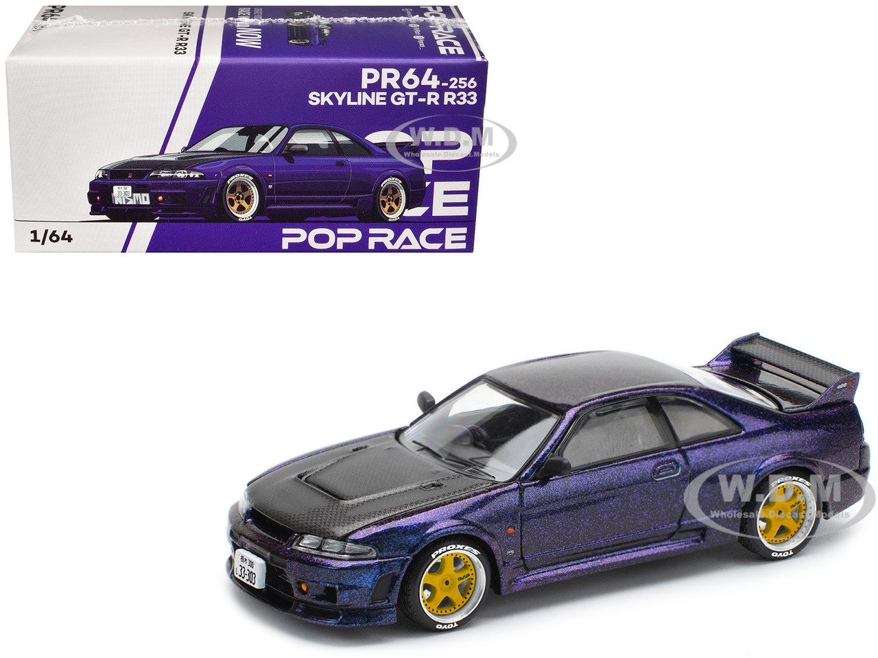 Skyline GT-R (R33) RHD (Right Hand Drive) Midnight Purple Metallic with Carbon Hood 1/64 Diecast Model Car by Pop Race diecast model