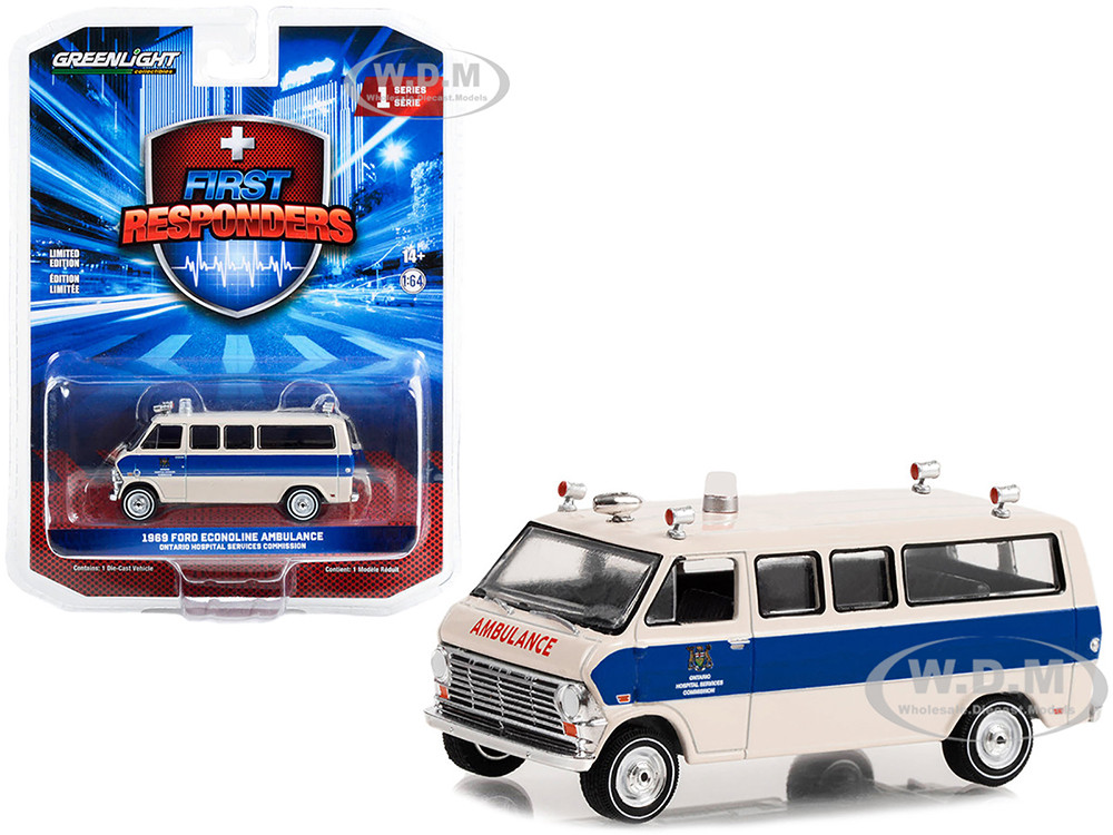 1969 Ford Econoline Ambulance Beige with Blue Stripes "Ontario Hospital Services Commission, Ontario, Canada" "First Responders" Series 1 1/64 Diecast Model Car by Greenlight diecast model