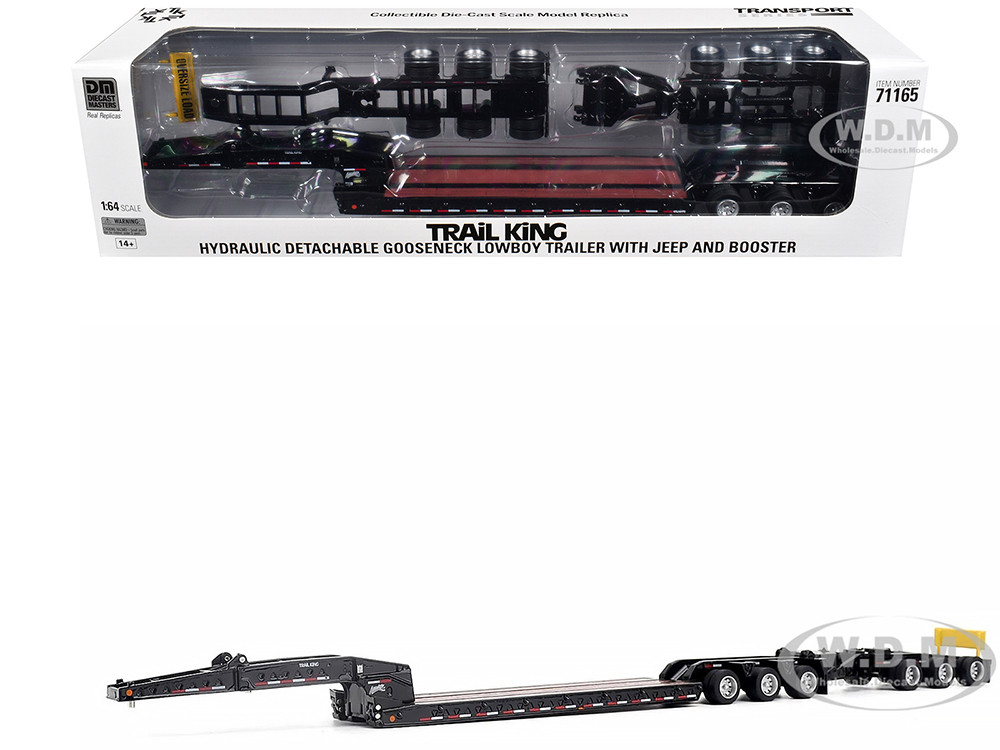 Trail King TK170 Hydraulic Detachable Gooseneck Lowboy Trailer Black with Jeep and Booster "Transport Series" 1/64 Diecast Model by Diecast Masters diecast model