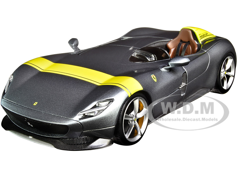 Ferrari Monza SP1 Silver Metallic with Yellow Stripes 1/18 Diecast Model Car by Bburago diecast model