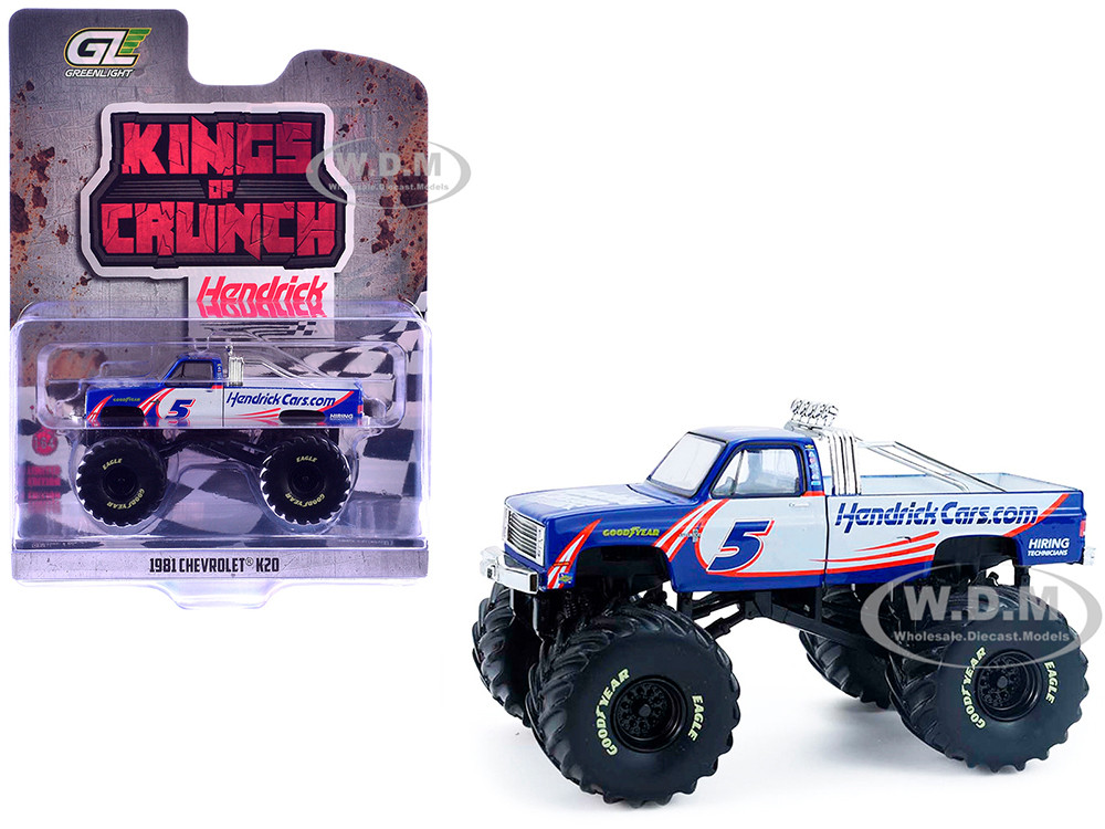 1981 Chevrolet K20 Monster Truck #5 "HendrickCars.com" Blue and White with Graphics "Kings of Crunch - Hendrick Motorsports Tribute" Special Edition 1/64 Diecast Model Car by Greenlight diecast model