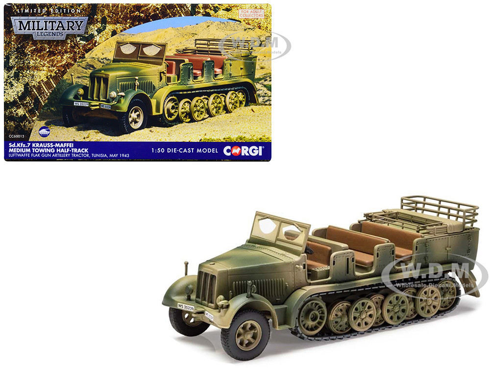 Krauss-Maffei Sd.Kfz.7 Medium Towing Half-Track AFV "Luftwaffe FlaK Gun Artillery Tractor, Tunisia" (1943) German Army "Military Legends" Series 1/50 Diecast Model by Corgi diecast model