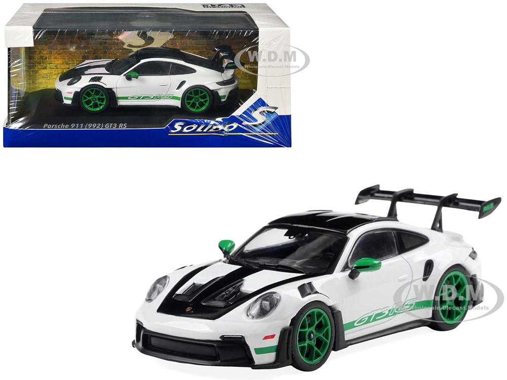 2023 Porsche 911 (992) GT3 RS "Tribute to Carrera RS Package" White with Green Stripes and Black Hood and Top 1/43 Diecast Model Car by Solido diecast model
