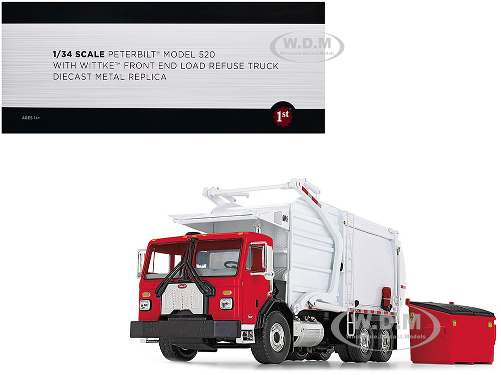 Peterbilt 520 Refuse Garbage Truck with Wittke Front Loader and Trash Bin Red and White 1/34 Diecast Model by First Gear diecast model