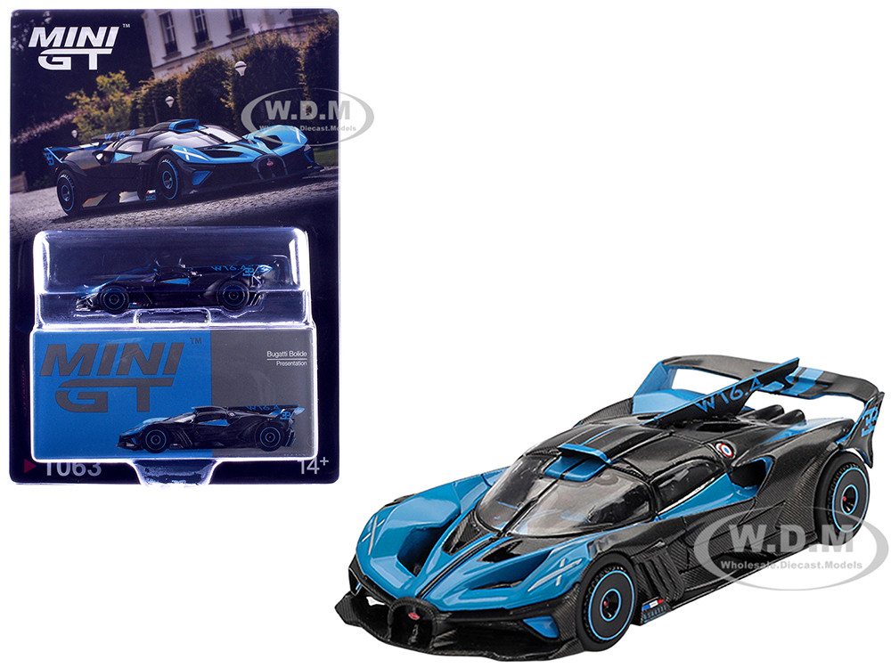 Bugatti Bolide Presentation Blue and Carbon Fiber Limited Edition 1/64 Diecast Model Car by Mini GT diecast model