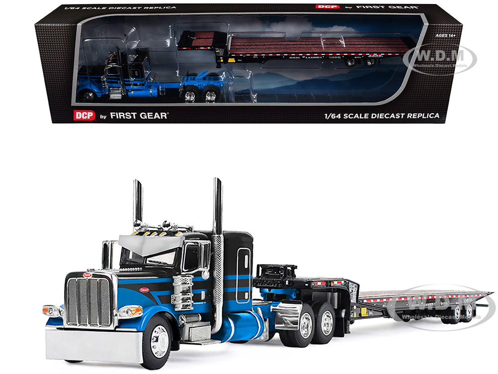 Peterbilt 389 with 48" Flat Top Sleeper and Landoll 440B-50CA Traveling Axle Trailer Black with Blue Stripes 1/64 Diecast Model by DCP/First Gear diecast model