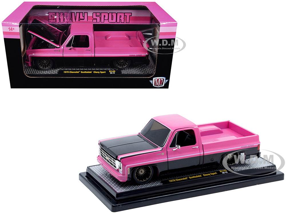 1979 Chevrolet Scottsdale Pickup Truck "Chevy Sport" Pink and Black Limited Edition to 6250 pieces Worldwide 1/24 Diecast Model Car by M2 Machines diecast model