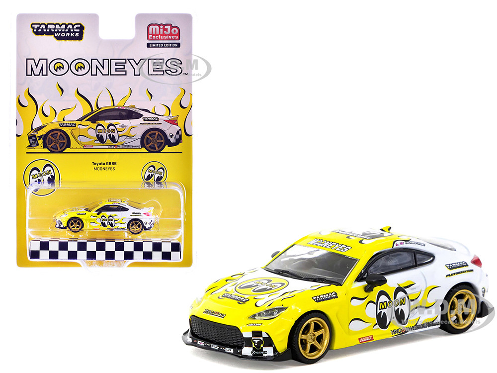 Toyota GR86 RHD (Right Hand Drive) "MoonEyes" White with Yellow Flames and Graphics "Global64" Series 1/64 Diecast Model by Tarmac Works diecast model