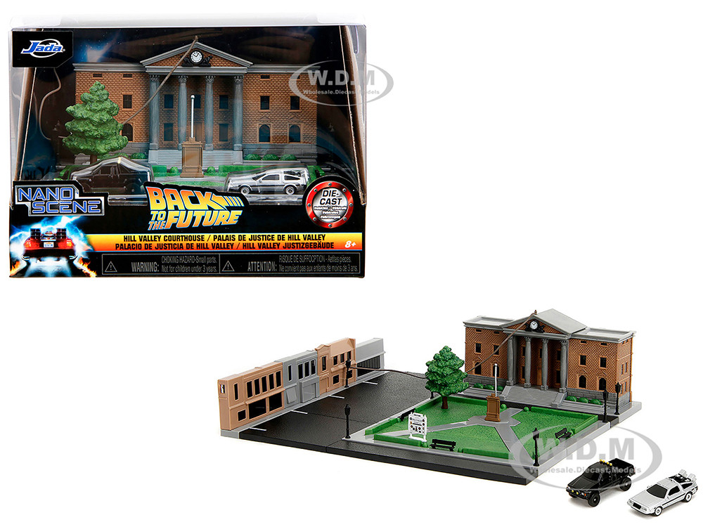 Hill Valley Courthouse Diorama with Black Pickup Truck and Delorean "Back to the Future" (1985) Movie "Nano Scene" Series Model by Jada diecast model