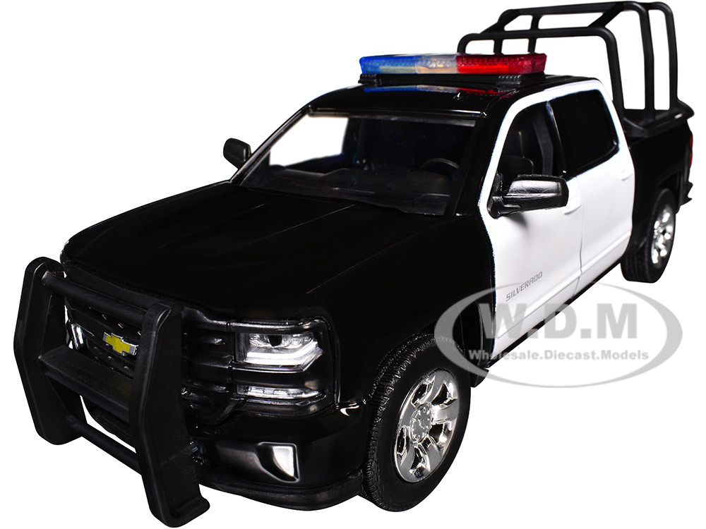 2017 Chevrolet Silverado 1500 LT Z71 Crew Cab Pickup Truck with Bed Cage Black and White with Flashing Light Bar and Front and Rear Lights and Sounds 1/27 Diecast Model Car by Motormax diecast model