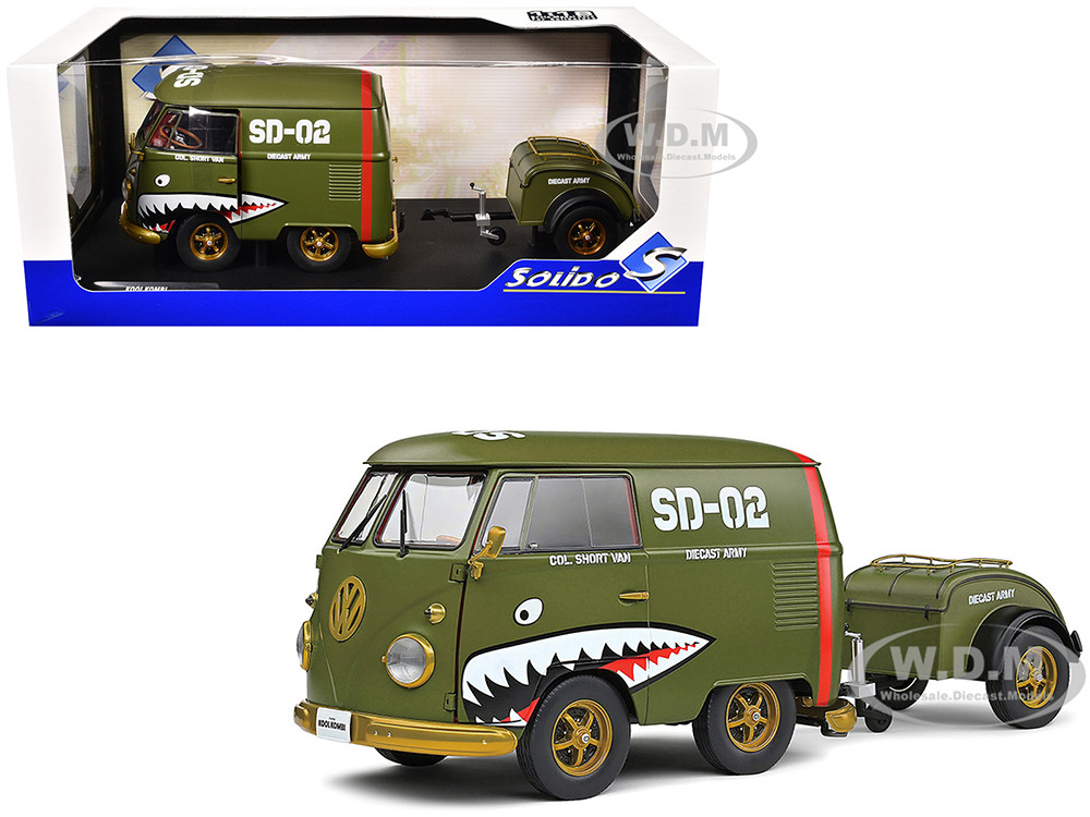 1950 Volkswagen Kool Kombi Van with Trailer "Army Fighter" Green with Graphics 1/18 Diecast Model Car by Solido diecast model