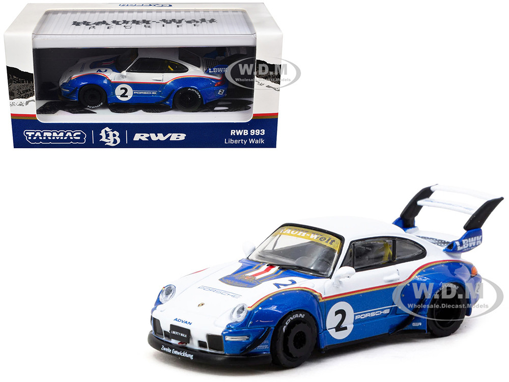 RWB 993 #2 "Liberty Walk" White and Blue Metallic with Container Packaging "Hobby64" Series 1/64 Diecast Model Car by Tarmac Works diecast model