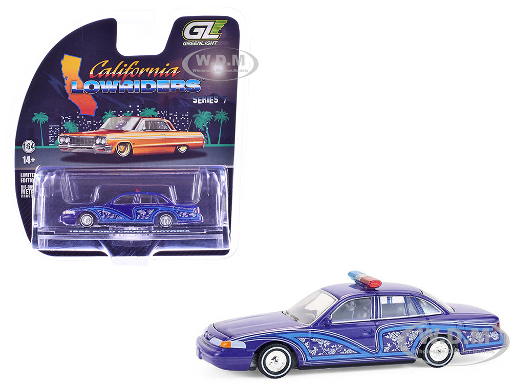 1992 Ford Crown Victoria Lowrider Blue with Graphics and Lightbar "California Lowriders" Series 7 1/64 Diecast Model Car by Greenlight diecast model