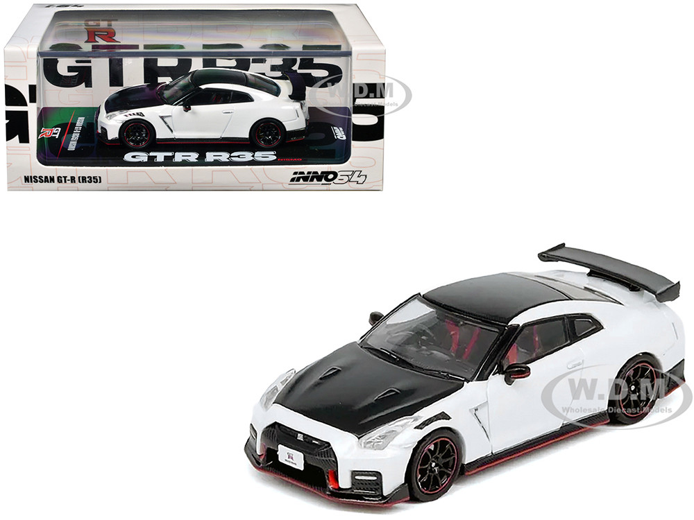 Nissan GT-R (R35) Nismo RHD (Right Hand Drive) White with Carbon Hood and Top 1/64 Diecast Model Car by Inno Models diecast model