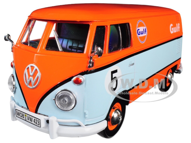 Volkswagen Type 2 (T1) Delivery Van #5 "Gulf" Orange and Light Blue 1/24 Diecast Model Car by Motormax diecast model
