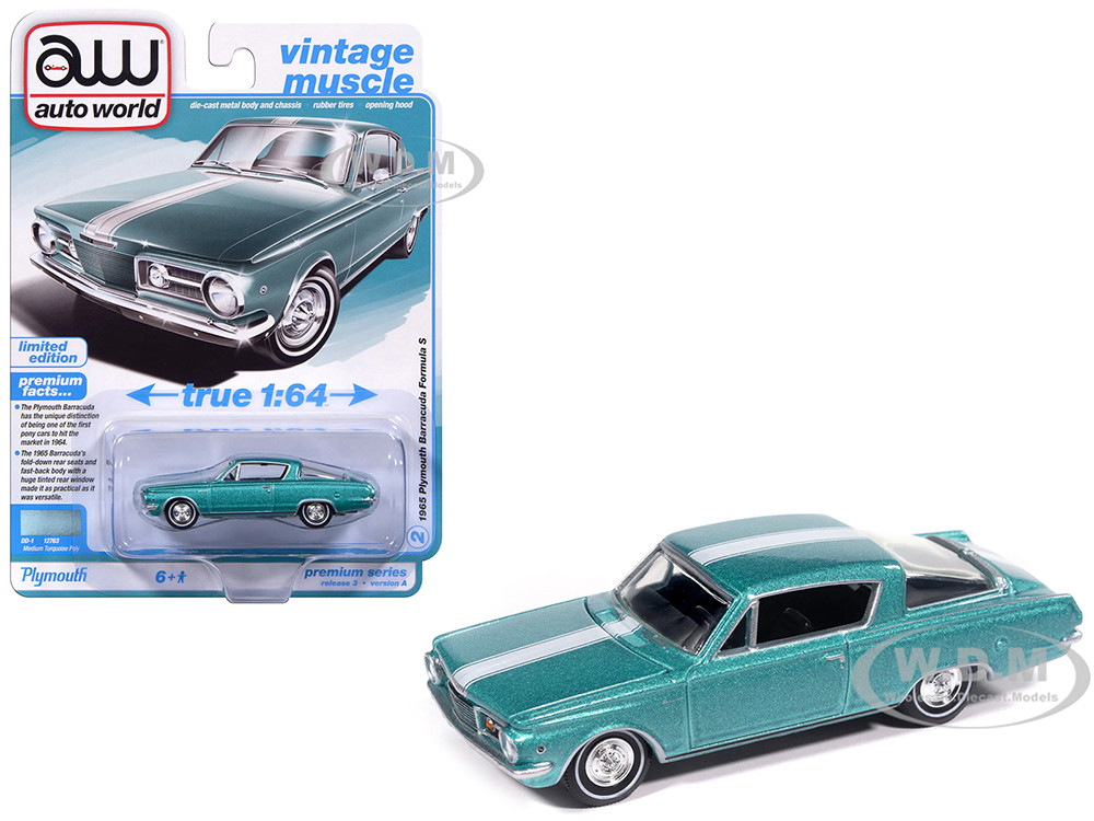 1965 Plymouth Barracuda Formula S Turquoise Metallic with White Stripe "Vintage Muscle" Series 1/64 Diecast Model Car by Auto World diecast model