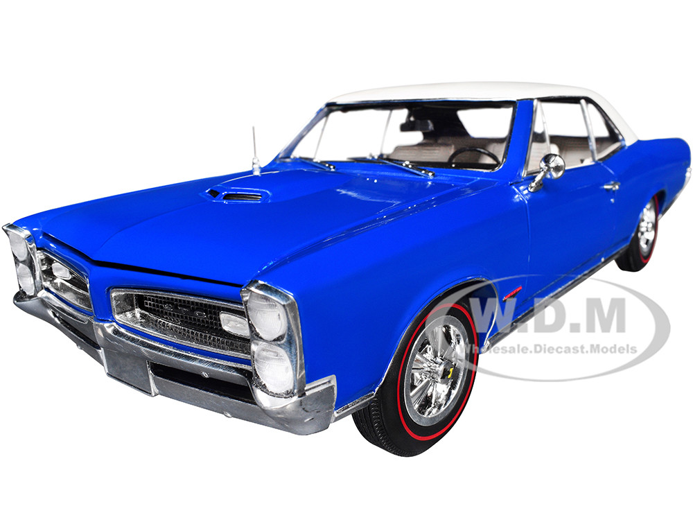1966 Pontiac GTO Barrier Blue with White Top and Interior 1/18 Diecast Model Car by Highway 61 diecast model