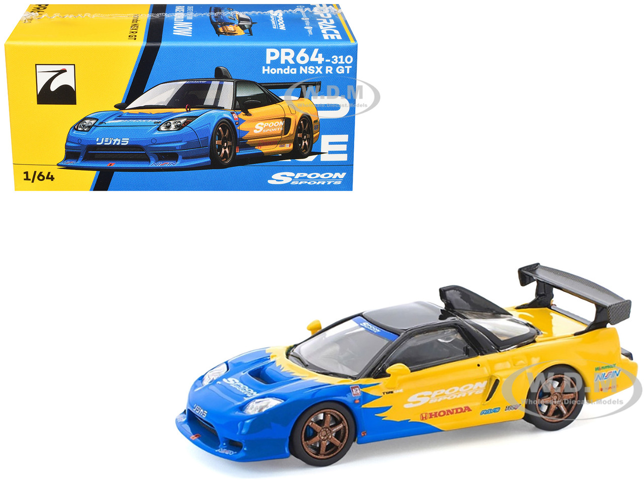 Honda NSX-R GT RHD (Right Hand Drive) "Spoon Sports" Blue and Yellow with Black Top 1/64 Diecast Model Car by Pop Race diecast model