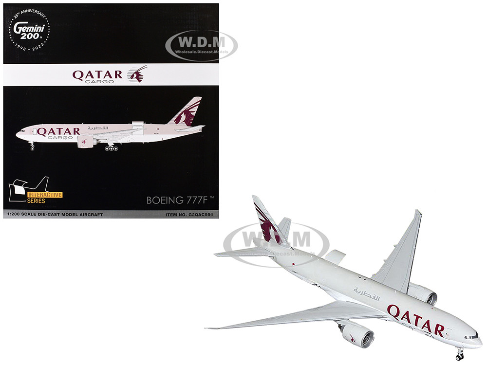 Boeing 777F Commercial Aircraft "Qatar Cargo" (A7-BFT) Gray with Tail Graphics "Gemini 200 - Interactive" Series 1/200 Diecast Model Airplane by GeminiJets diecast model