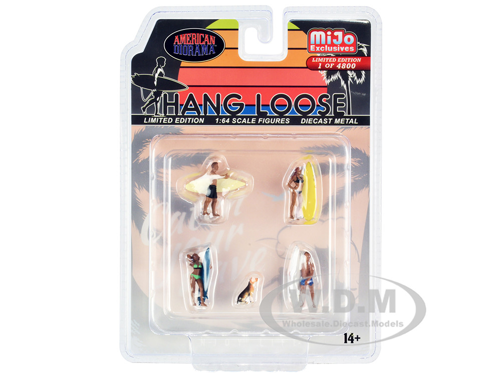 "Hang Loose" 5 piece Diecast Set (4 Surfer Figures and 1 Dog) Limited Edition to 4800 pieces Worldwide for 1/64 Scale Models by American Diorama diecast model