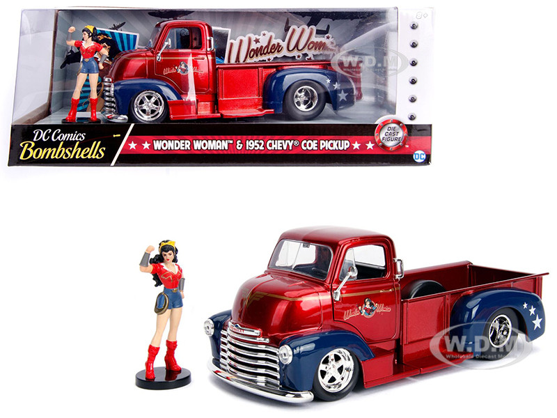 1952 Chevrolet COE Pickup Truck Candy Red and Blue with Wonder Woman Diecast Figure "DC Comics Bombshells" Series "Hollywood Rides" 1/24 Diecast Model Car by Jada diecast model