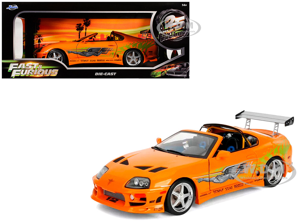 1993 Toyota Supra Orange with Graphics "The Fast and the Furious" (2001) Movie "25 Years of Fast & Furious" Series 1/18 Diecast Model Car by Jada diecast model