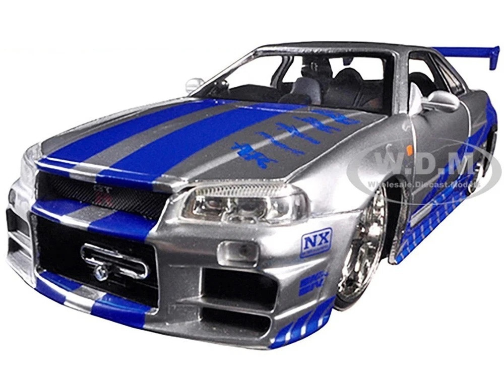 Brian's Nissan GTR Skyline R34 RHD (Right Hand Drive) Silver with Blue Stripes "Fast & Furious 25th Anniversary" Series 1/24 Diecast Model Car by Jada diecast model