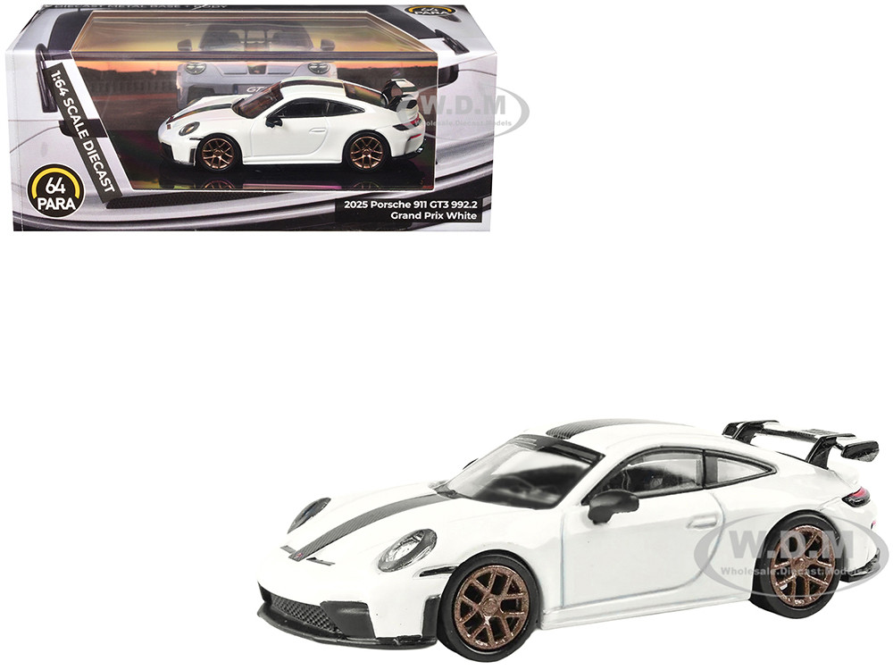 2025 Porsche 911 GT3 (992.2) Grand Prix White with Carbon Stripe 1/64 Diecast Model Car by Paragon Models diecast model