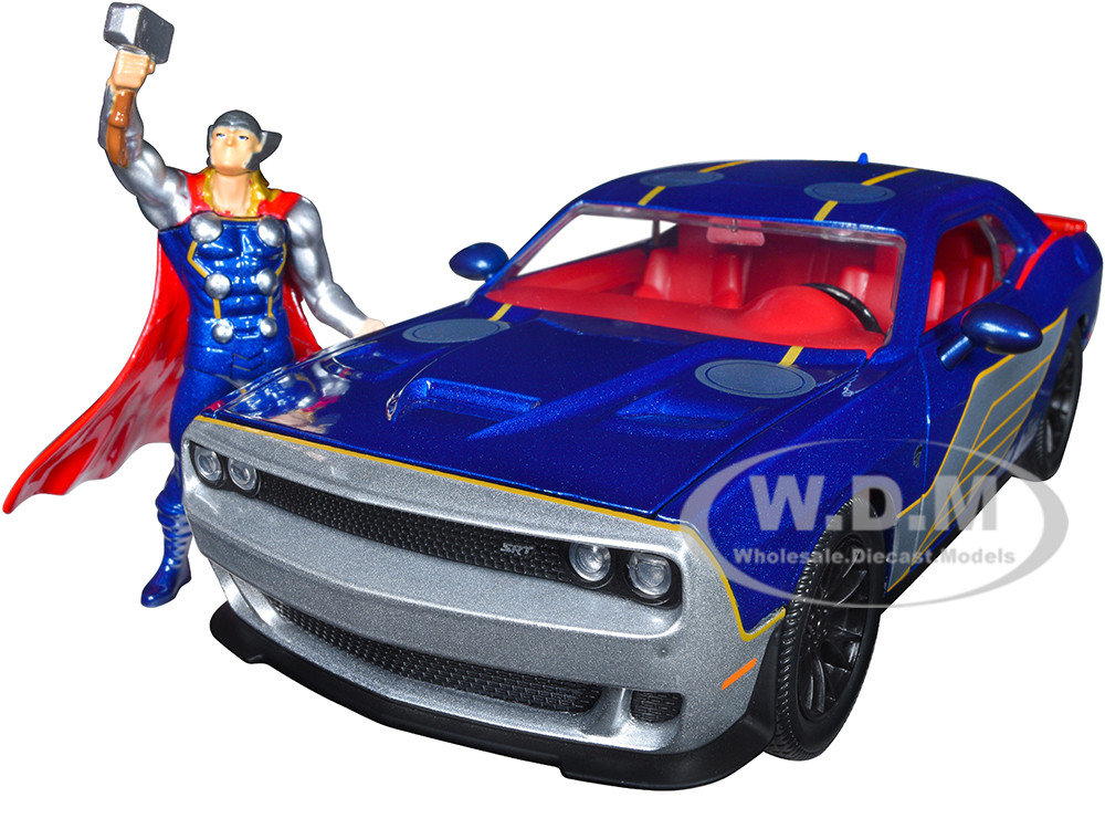 2015 Dodge Challenger SRT Hellcat Dark Blue with Graphics and Red Interior and Thor Diecast Figure "The Mighty Thor" "Marvel" Series 1/24 Diecast Model Car by Jada diecast model