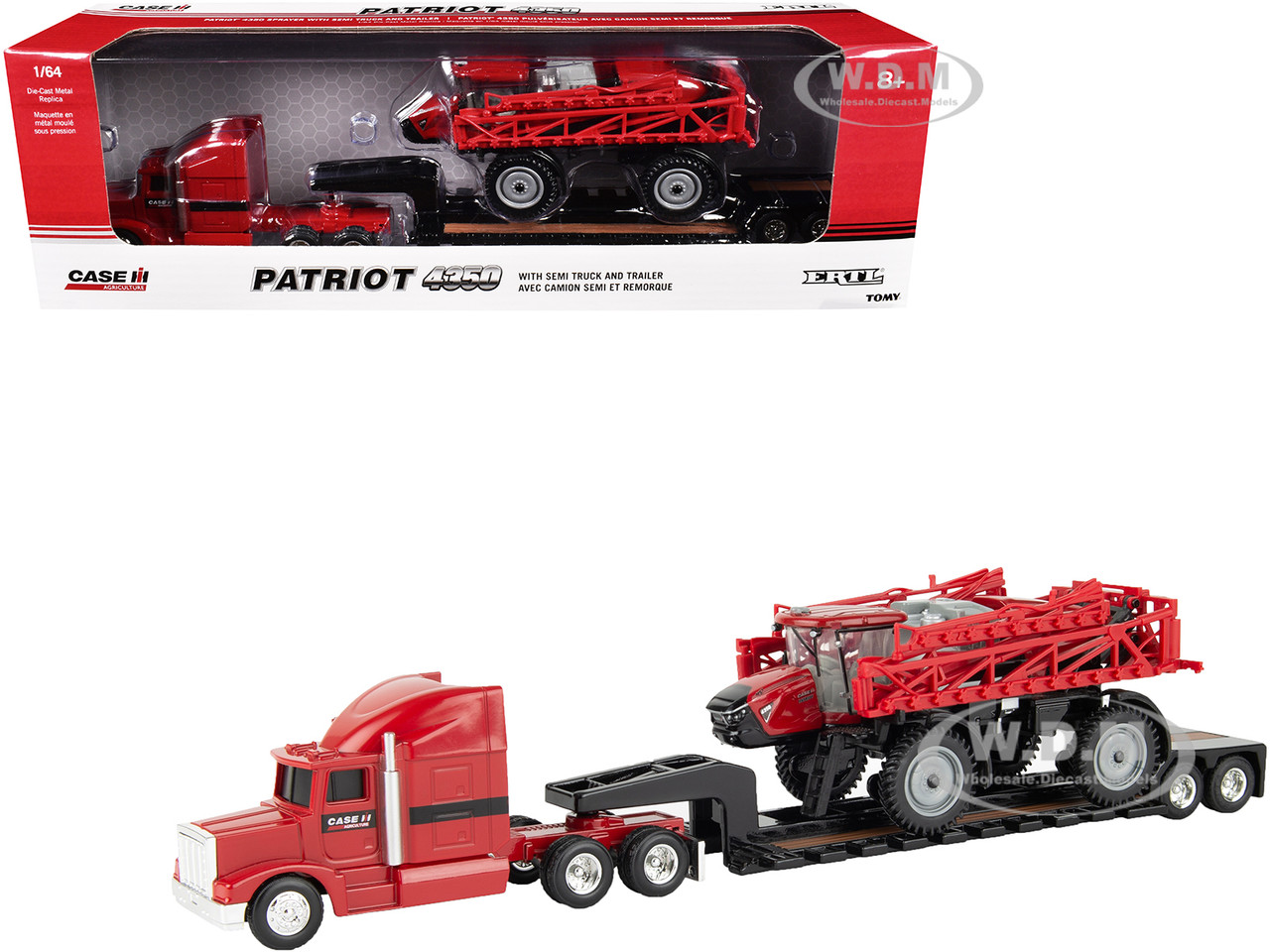Semi Truck Red with Flatbed Trailer and Case IH Patriot 4350 Sprayer Red "Case IH Agriculture" Series 1/64 Diecast Models by ERTL TOMY diecast model