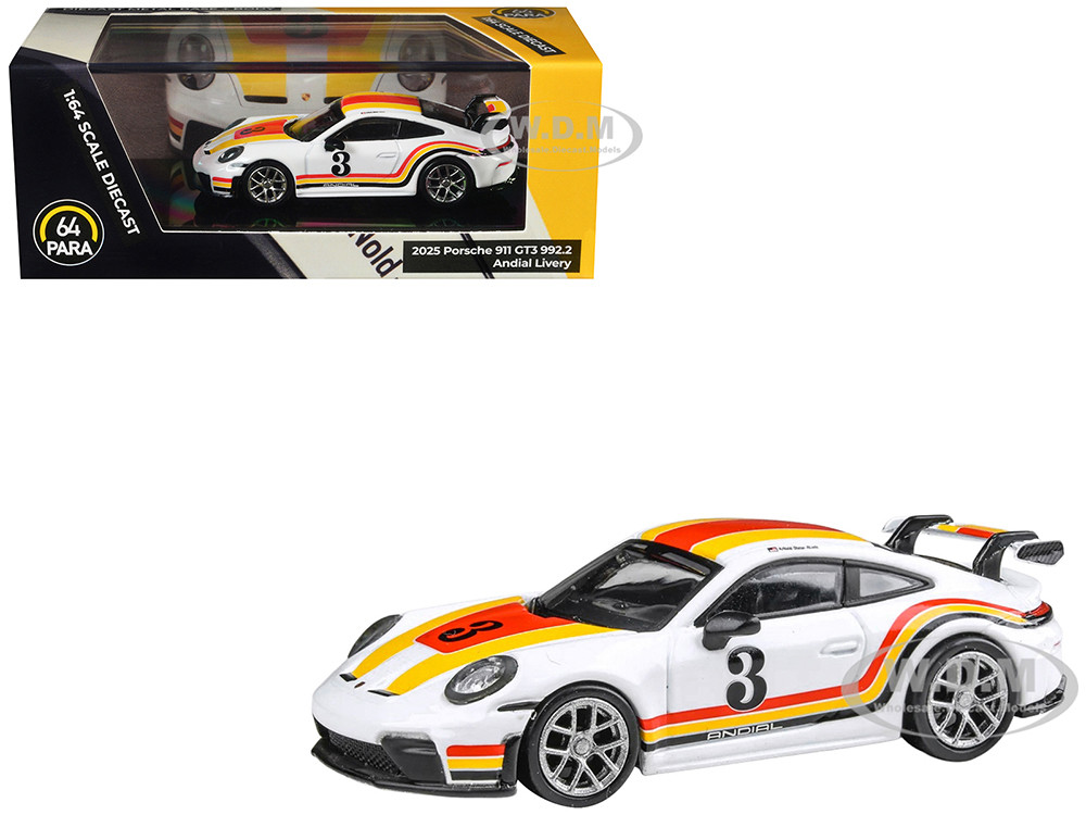 2025 Porsche 911 GT3 (992.2) #3 "Andial Livery" White with Stripes 1/64 Diecast Model Car by Paragon Models diecast model