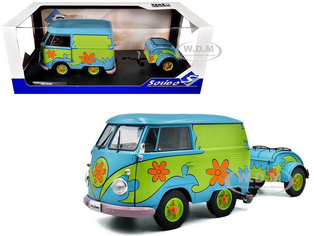 2024 Volkswagen Kool Kombi Van with Trailer "Ghost Hunter" Blue and Green with Graphics 1/18 Diecast Model Car by Solido diecast model