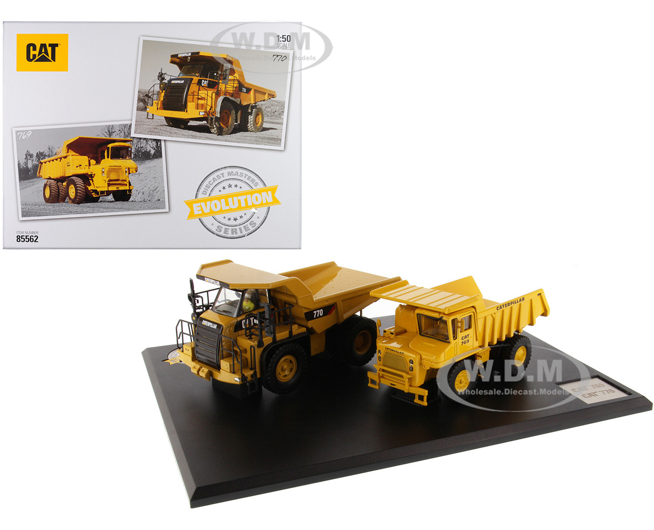CAT Caterpillar 769 Off-Highway Truck (1963-2006) and CAT Caterpillar 770 Off-Highway Truck (2007-Present) with Operators "Evolution Series" Set of 2 pieces 1/50 Diecast Models by Diecast Masters diecast model