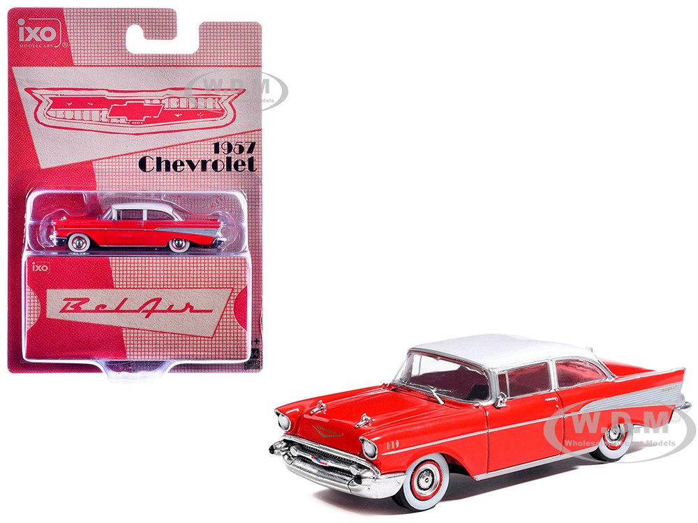 1957 Chevrolet Bel Air Red with White Top and Red Interior 1/64 Diecast Model Car by IXO Models diecast model