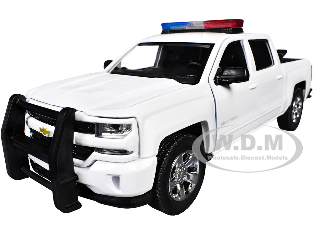 2017 Chevrolet Silverado 1500 LT Z71 Crew Cab Pickup Truck White with Flashing Light Bar and Front and Rear Lights and Sounds 1/27 Diecast Model Car by Motormax diecast model