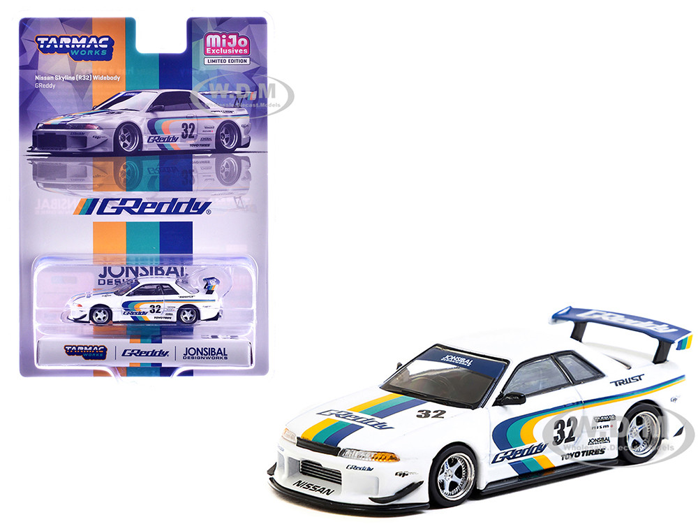Nissan Skyline GT-R (R32) Widebody RHD (Right Hand Drive) #32 "Greddy - Jonsibal Designworks" White with Stripes "Global64" Series 1/64 Diecast Model by Tarmac Works diecast model