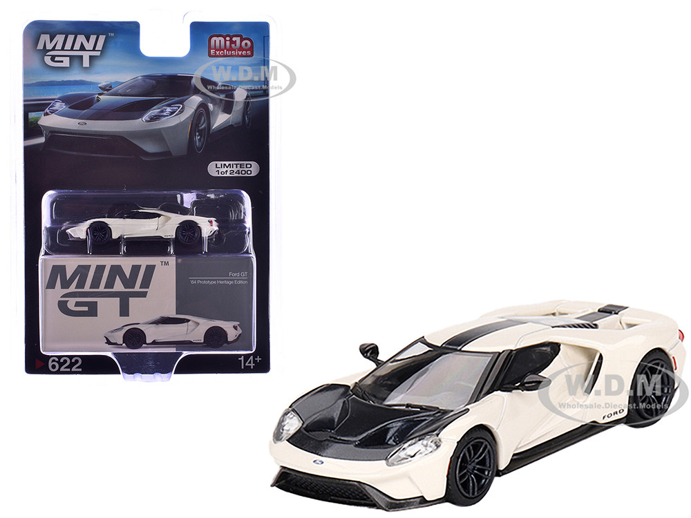 Ford GT "1964 Prototype Heritage Edition" Wimbledon White with Black Hood and Stripe Limited Edition to 2400 pieces Worldwide 1/64 Diecast Model Car by Mini GT diecast model