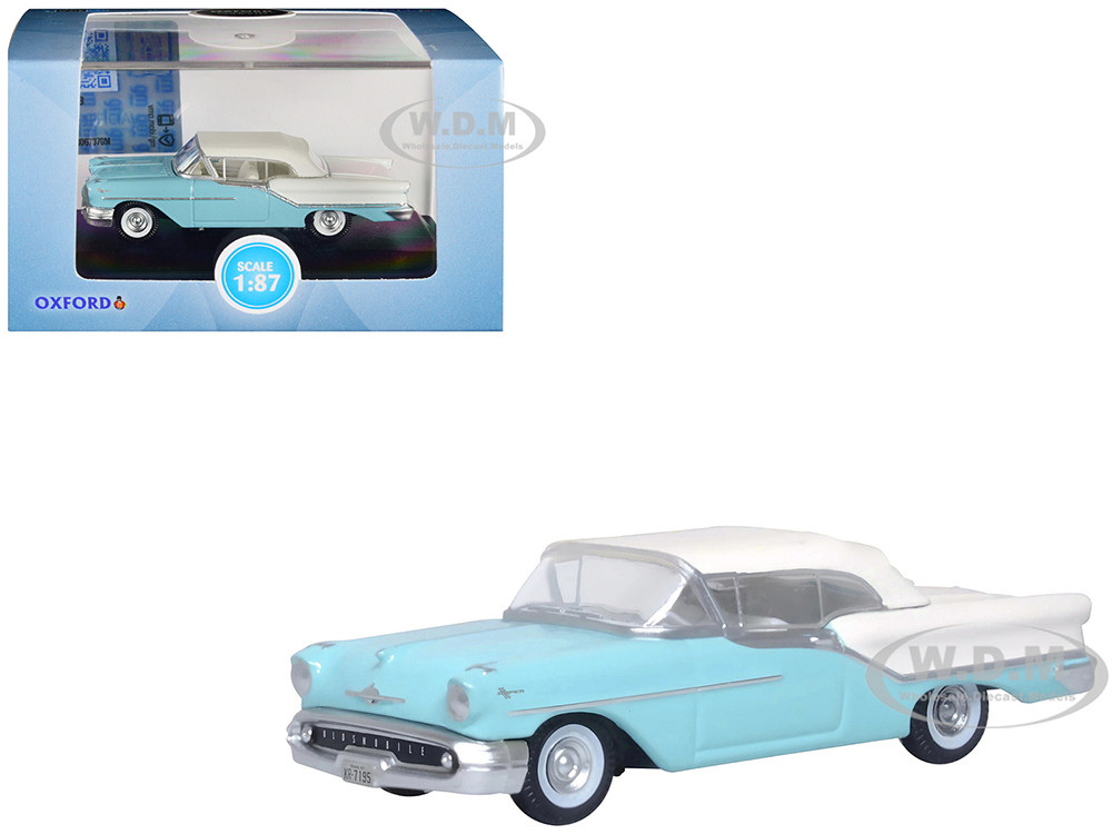 1957 Oldsmobile 88 Convertible (Top-Up) Banff Blue and Alcan White with White 1/87 (HO) Scale Diecast Model Car by Oxford Diecast diecast model