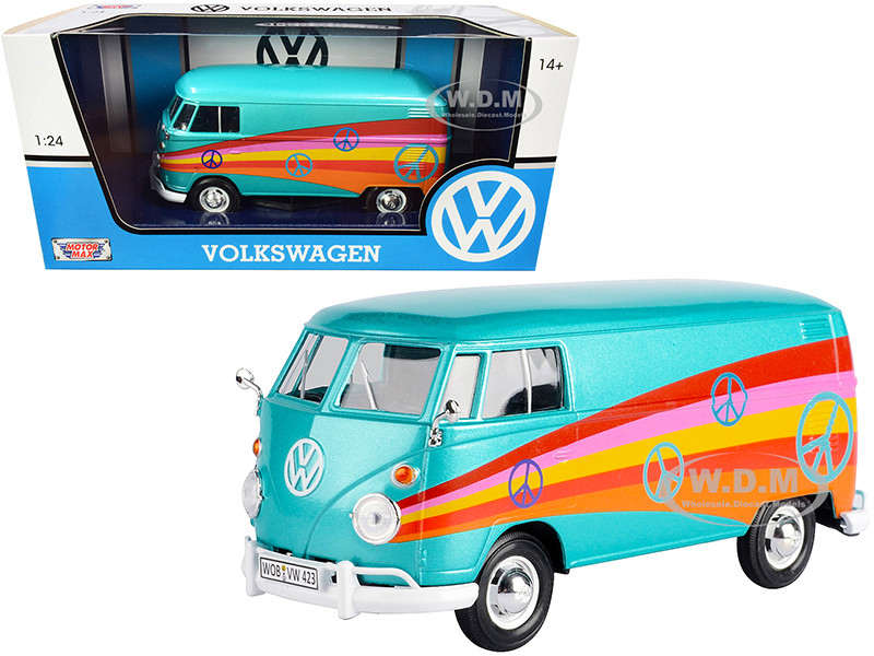 Volkswagen Type 2 (T1) Delivery Van "Peace" Turquoise Metallic 1/24 Diecast Model Car by Motormax diecast model