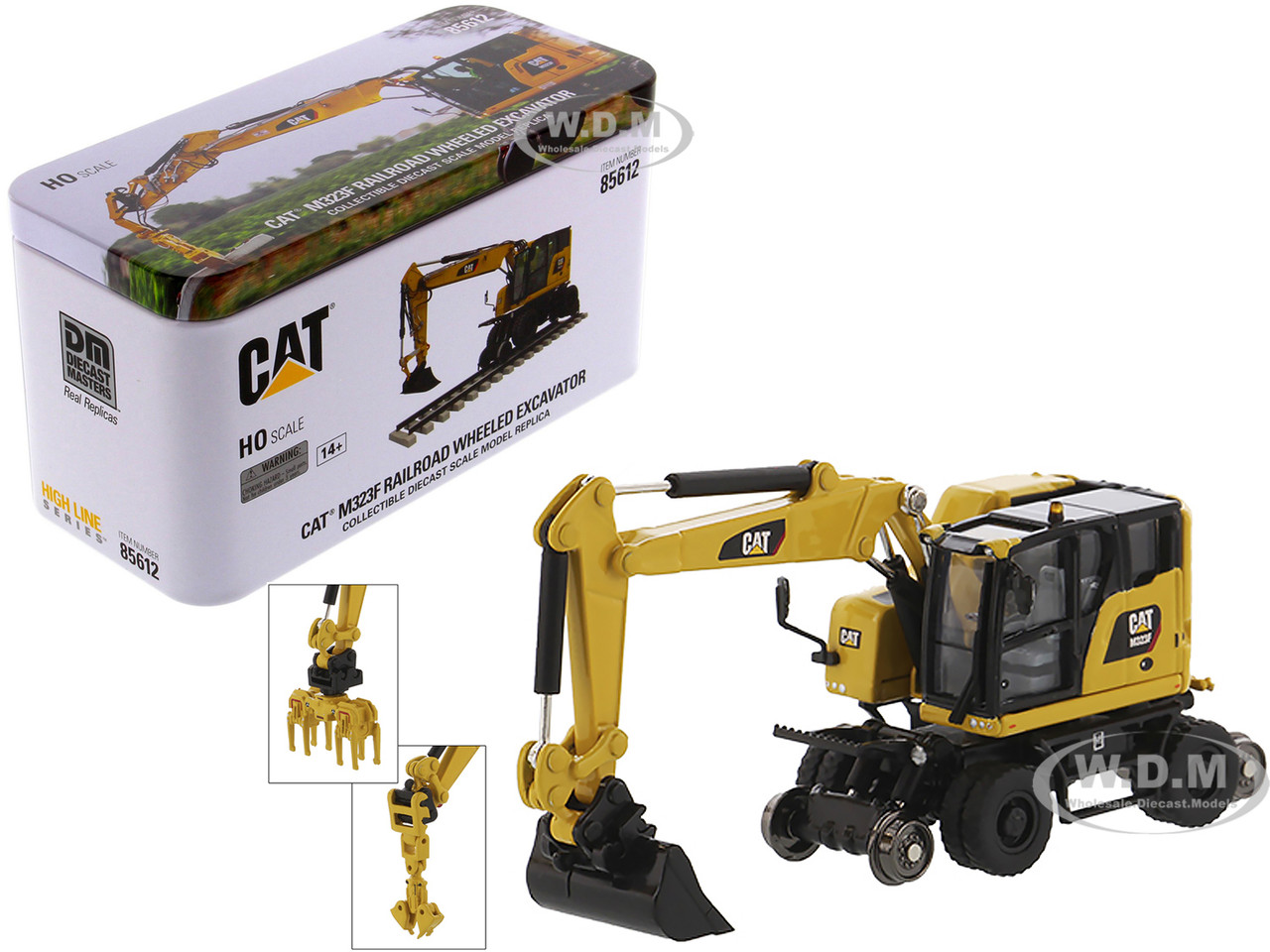 CAT Caterpillar M323F Railroad Wheeled Excavator with 3 Accessories (Safety Yellow Version) "High Line" Series 1/87 (HO) Diecast Model by Diecast Masters diecast model