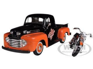 1948 Ford F-1 Pickup Truck with 1958 Harley Davidson FLH Duo Glide Motorcycle Orange and Black 1/24 Diecast Models by Maisto diecast model