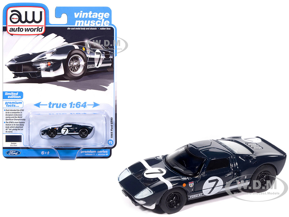 1965 Ford GT40 #7 Blue Black with White Stripes "Vintage Muscle" Series 1/64 Diecast Model Car by Auto World diecast model