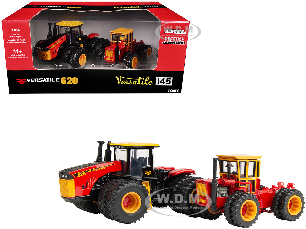 Versatile 620 Tractor Black and Red with Yellow Top and Versatile 145 Tractor Red with Yellow Cabin Set of 2 Tractors "Prestige Collection" 1/64 Diecast Models by ERTL TOMY diecast model