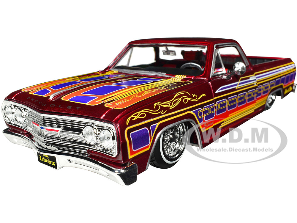 1965 Chevrolet El Camino Lowrider Candy Red Metallic with Graphics "Lowriders" Series 1/25 Diecast Model Car by Maisto diecast model