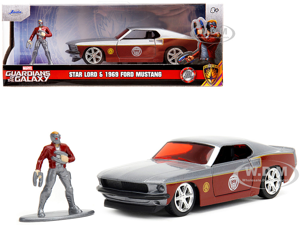 1969 Ford Mustang Silver Metallic and Dark Red and Star Lord Diecast Figure "Marvel Guardians of the Galaxy" "Hollywood Rides" Series 1/32 Diecast Model Car by Jada diecast model