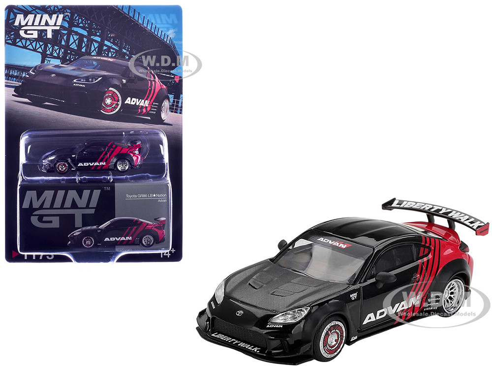 Toyota GR86 "LB-Nation - Liberty Walk" RHD (Right Hand Drive) "ADVAN" Black and Red with Carbon Hood Limited Edition 1/64 Diecast Model Car by Mini GT diecast model