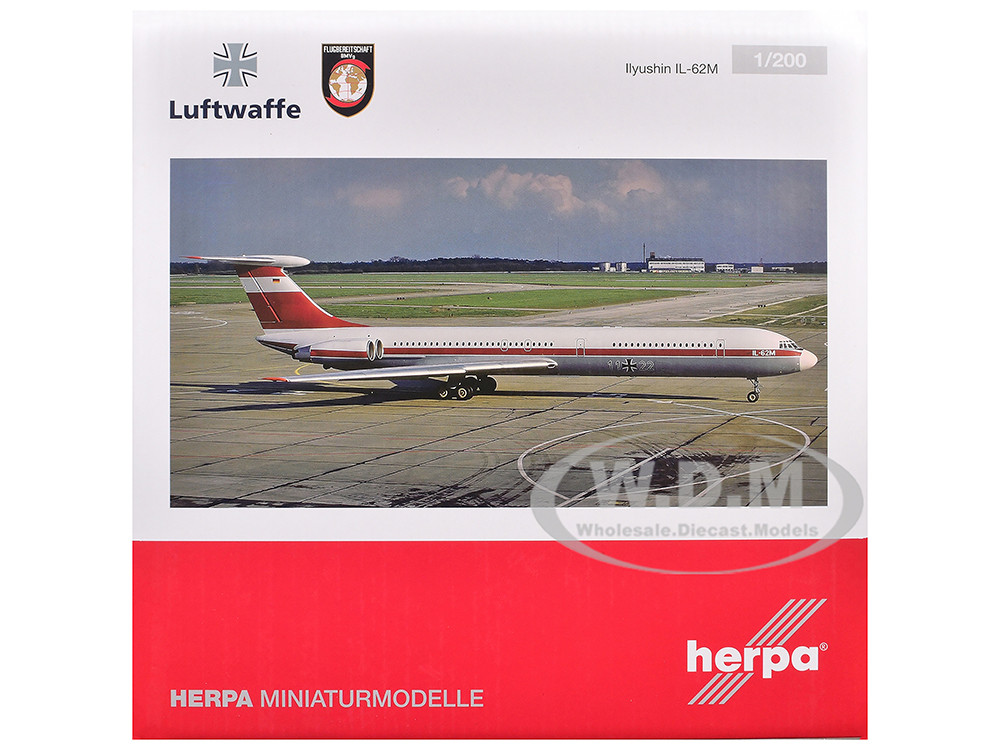 Ilyushin IL-62M Commercial Aircraft "German Luftwaffe" (11+22) White with Red Stripes 1/200 Diecast Model Airplane by Herpa diecast model