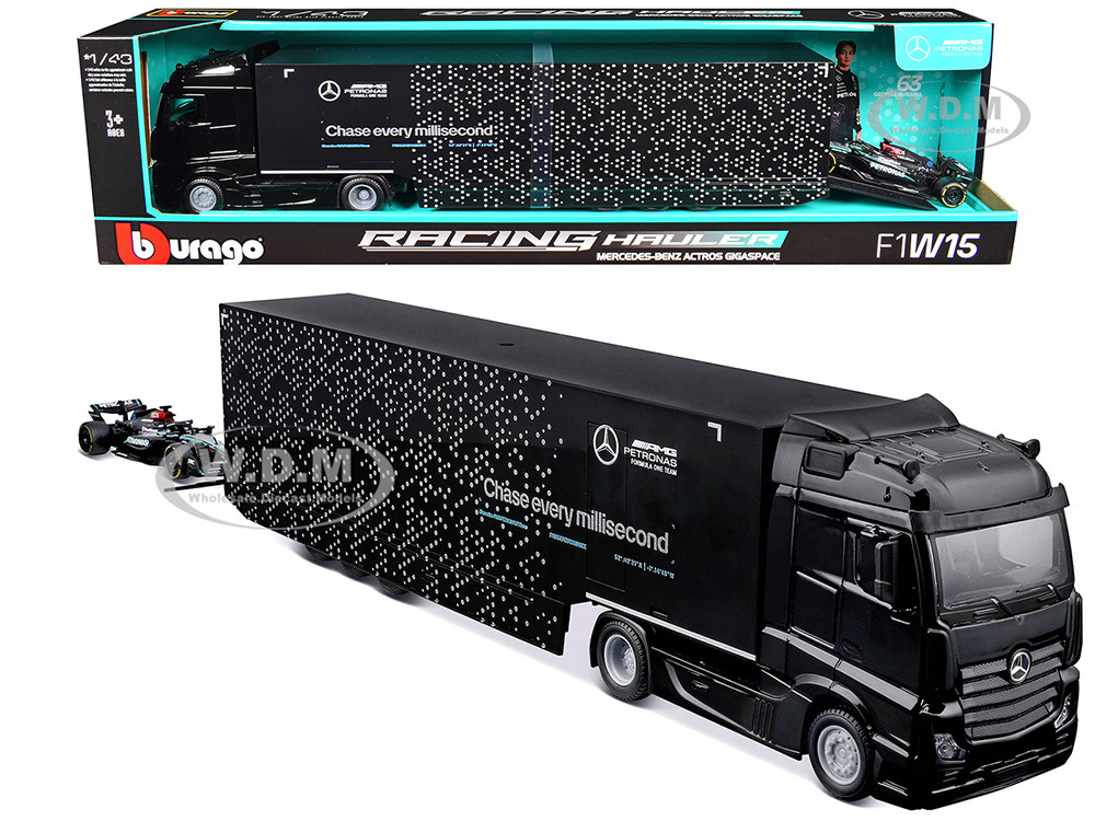 Mercedes-Benz Actros Gigaspace Car Transporter Black and Mercedes-AMG F1 W15 E Performance #63 George Russell "Petronas" Formula One F1 World Championship (2024) "Racing Hauler" Series 1/43 Diecast Model Car by Bburago diecast model