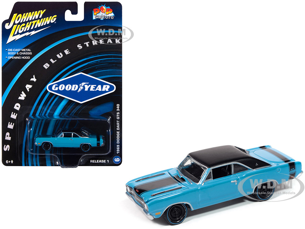 1969 Dodge Dart GTS 340 Blue with Black Top and Stripes "Goodyear Blue Streak" "Pop Culture" 2025 Release 1 1/64 Diecast Model Car by Johnny Lightning diecast model